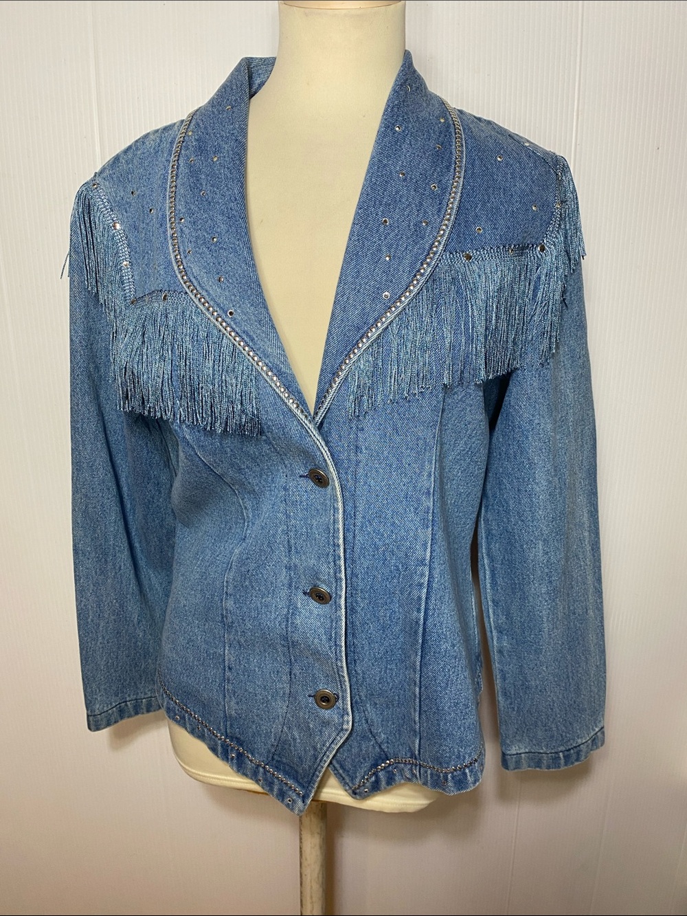 Classic Blue Denim Fringe Jean Jacket with Stud Detailing